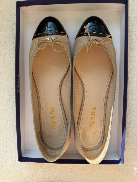 Prada Shoes - Prada Beige Canvas Ballet Flats with Black Patent Cap Toe